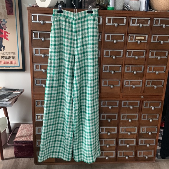 Retro Inspired High Waist Green Plaid Wide Leg Pants Zara Extra Small - Picture 5 of 12